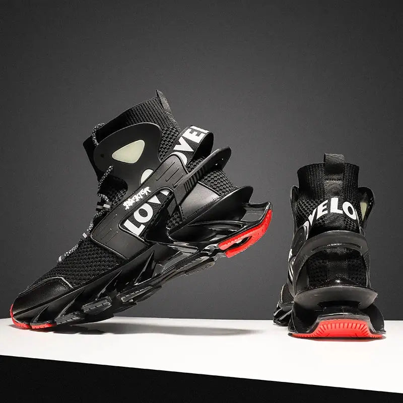 Pair of men's black mesh sneakers by Simples Market with red outsole accents