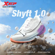 Xtep Shyft 1.0 men's running shoe, white upper with purple heel and orange outsole