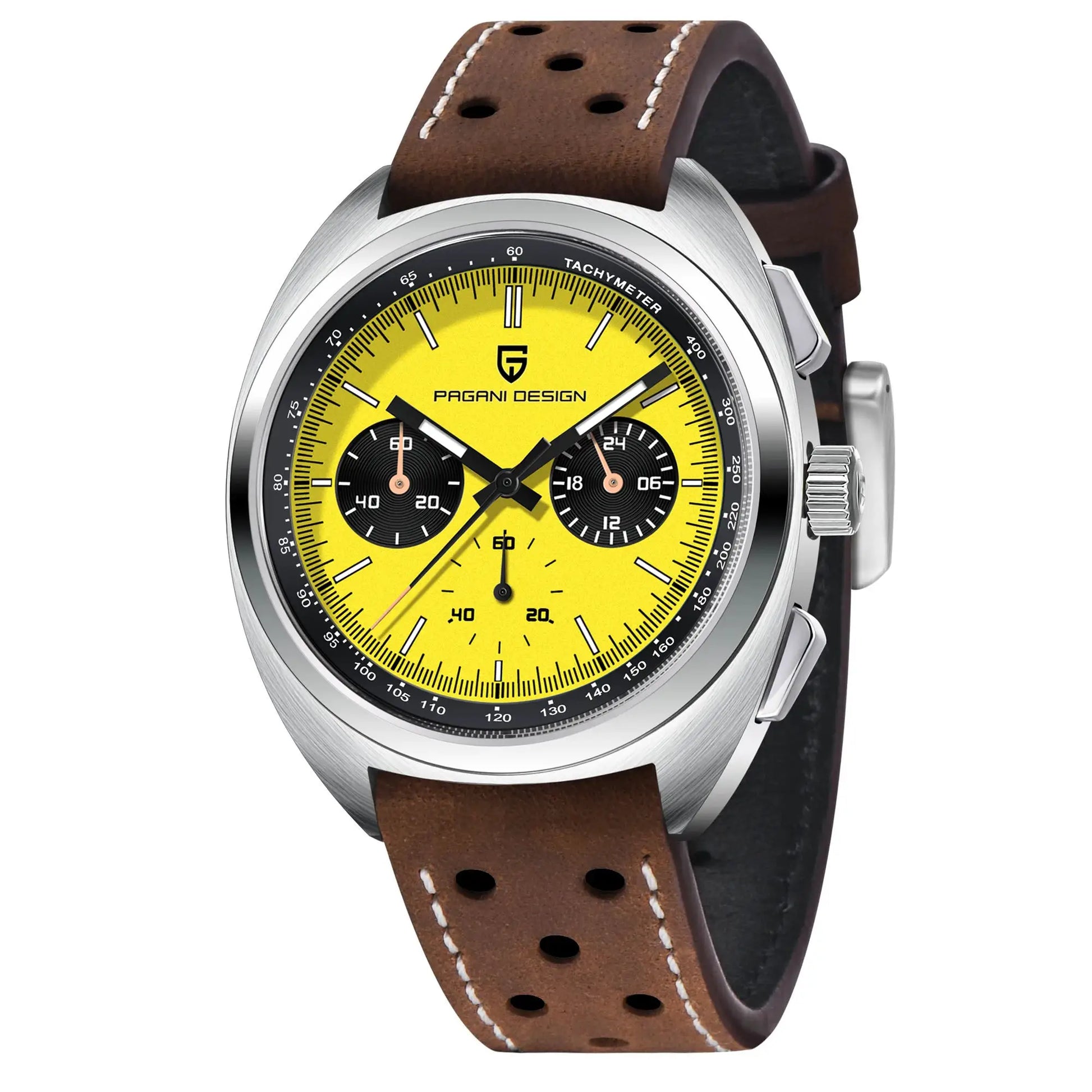 PAGANI DESIGN men's chronograph watch with yellow dial, brown leather strap, stainless steel case, sapphire glass