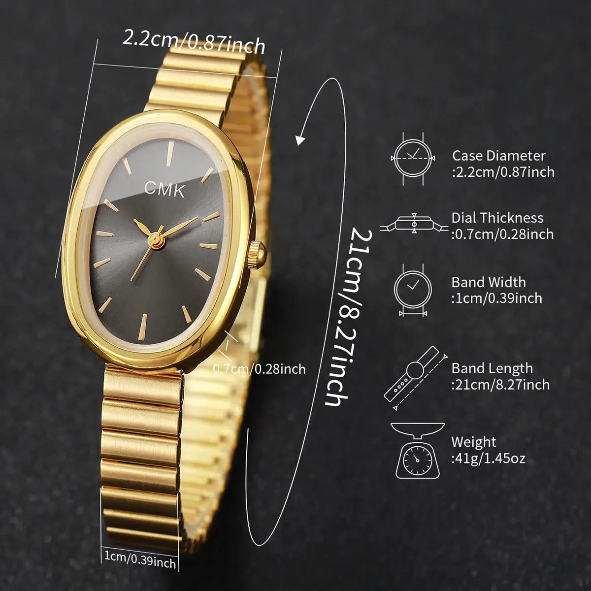 Simples Market fashion oval-dial women's wristwatch with gold-tone case and ultra-thin bracelet, analog quartz.