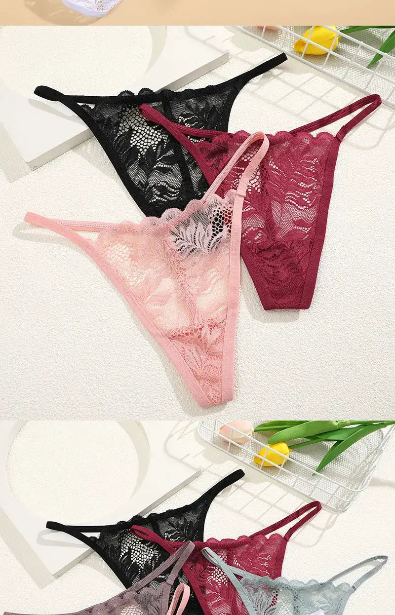 6-piece lace thong set for women by Simples Market in black, burgundy, pink and gray