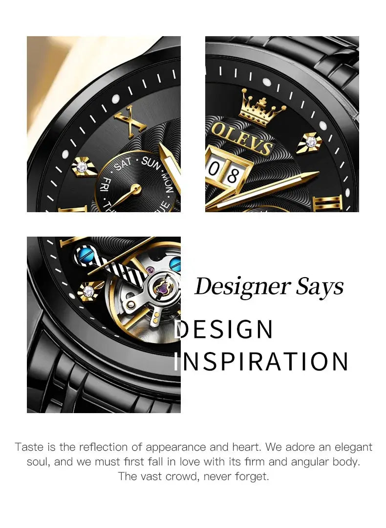 OLEVS men's tourbillon automatic watch with skeleton black dial and gold-tone accents
