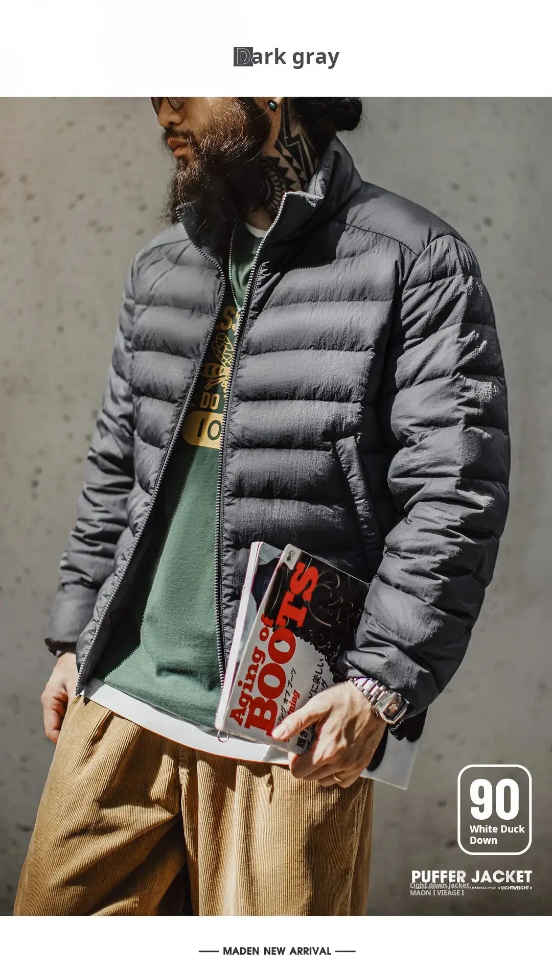 Maden Winter men's stand-up collar down jacket in dark gray with lightweight hydrophobic white duck down filling.