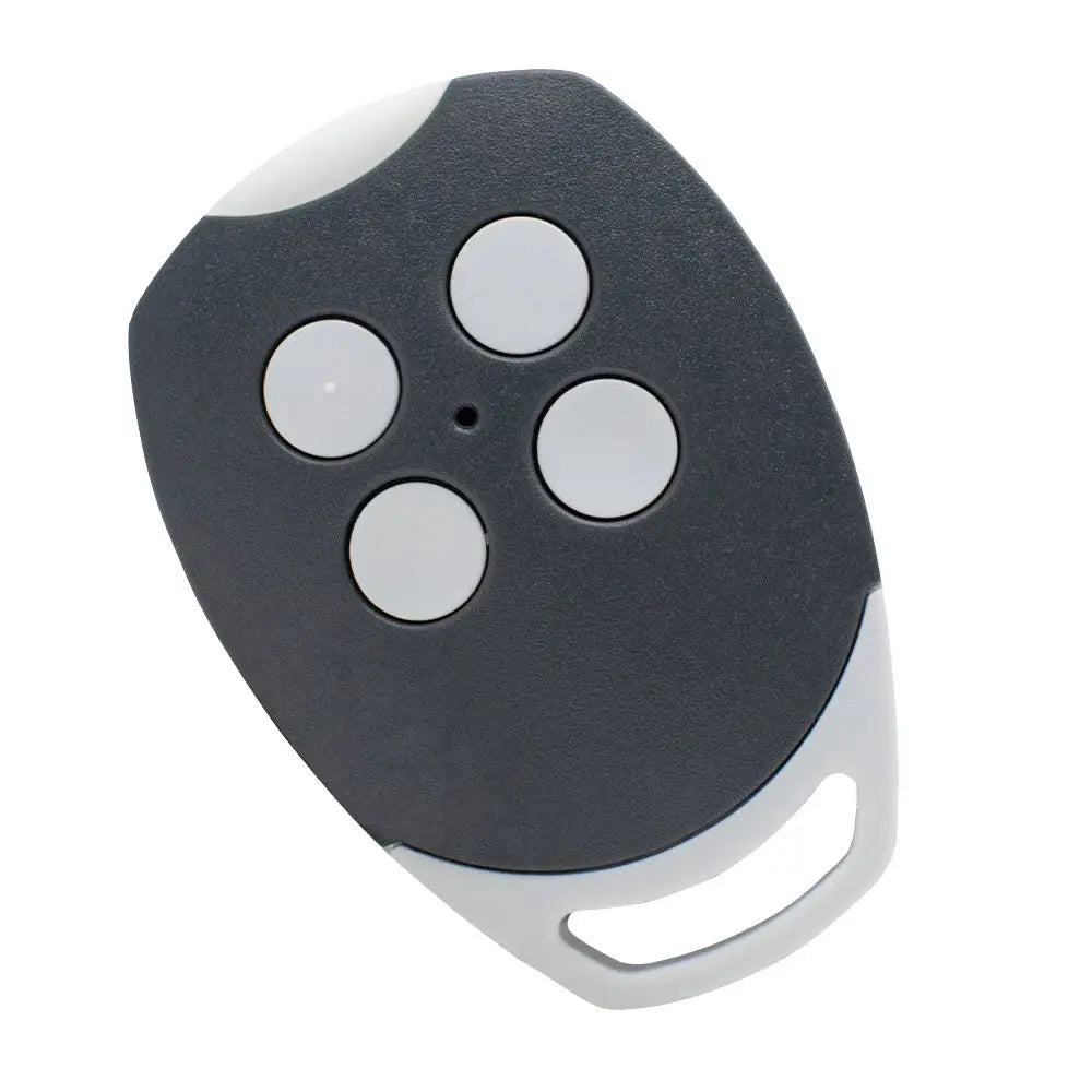 Remote control for garage door and gate by Simples Market, black body with four grey buttons and a white clip.