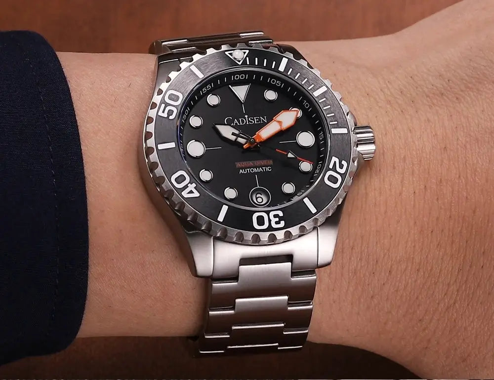 Cadisen Aqua Diver automatic watch, stainless steel bracelet, black dial, luminous hands, 100M water resistant