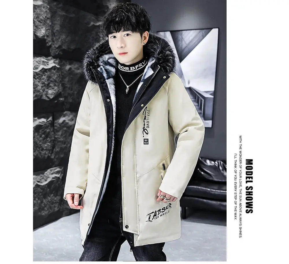 Beige winter men's long down jacket with fur collar, padded parka style.