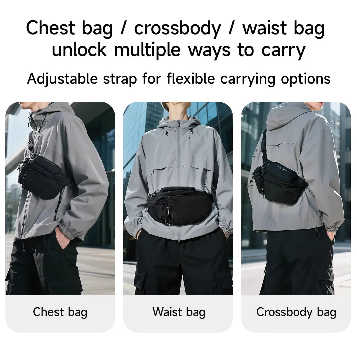 Three Tigernu bags (chest, waist, crossbody) in black with Tigernu logo, worn by a model in a gray jacket.