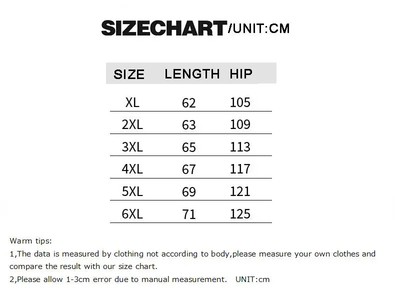 Mens cargo shorts size chart with length and hip measurements in cm, XL to 6XL