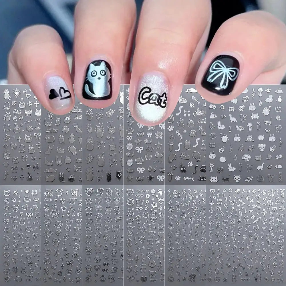 12-sheet cartoon black cat nail stickers set by Simples Market; cat designs on silver backing sheets