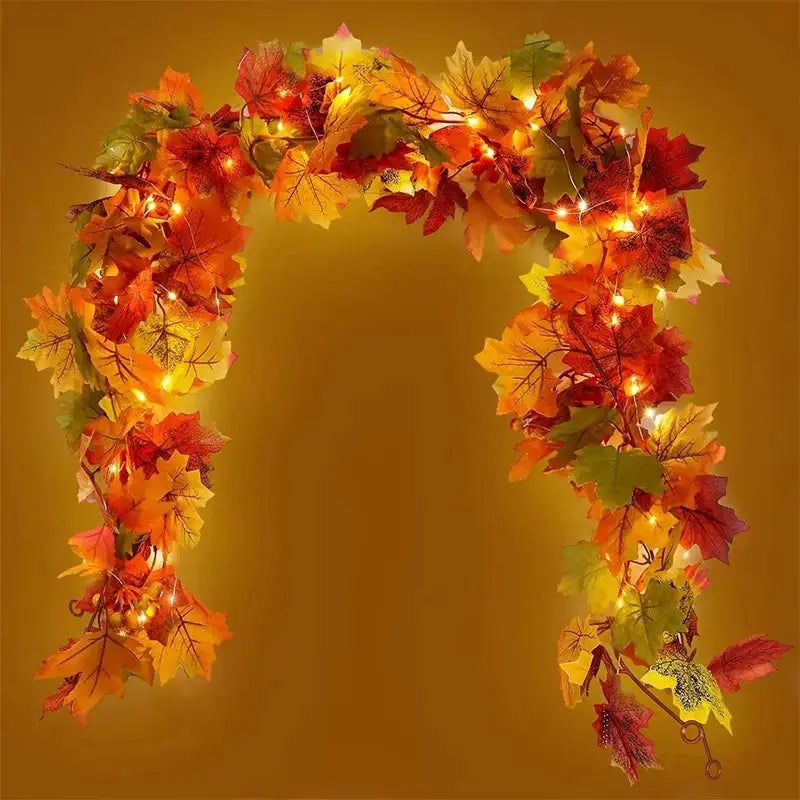 Autumn maple leaf wreath by Simples Market with warm LED lights, 200cm long for walls, doors, windows