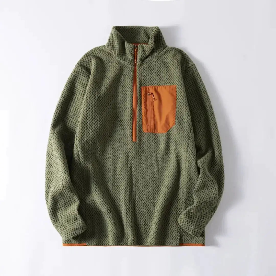 Unisex olive-green fleece sweatshirt with wavy texture, orange chest pocket and zipper trim