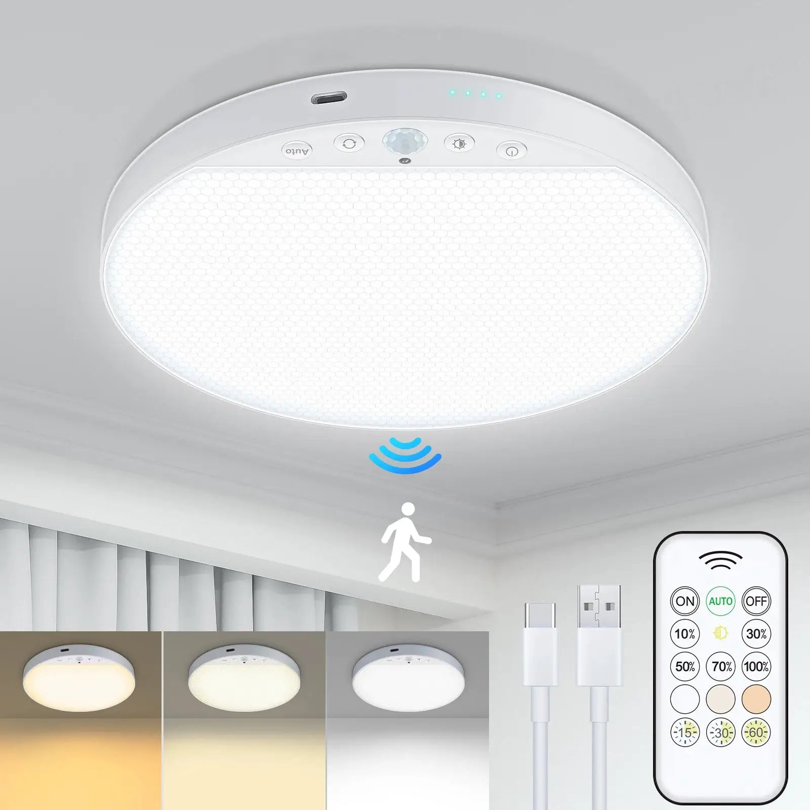 WILLED 8W rechargeable motion-sensor ceiling light with remote, white round LED panel