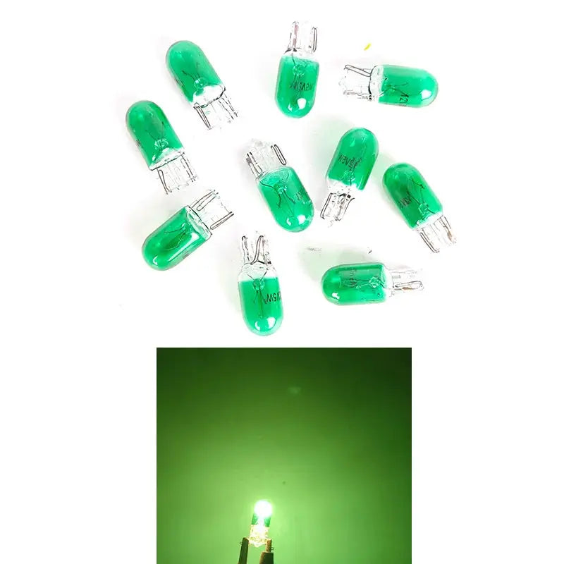 T10 W5W green glass signal bulbs, 10-pack, 12V car lights