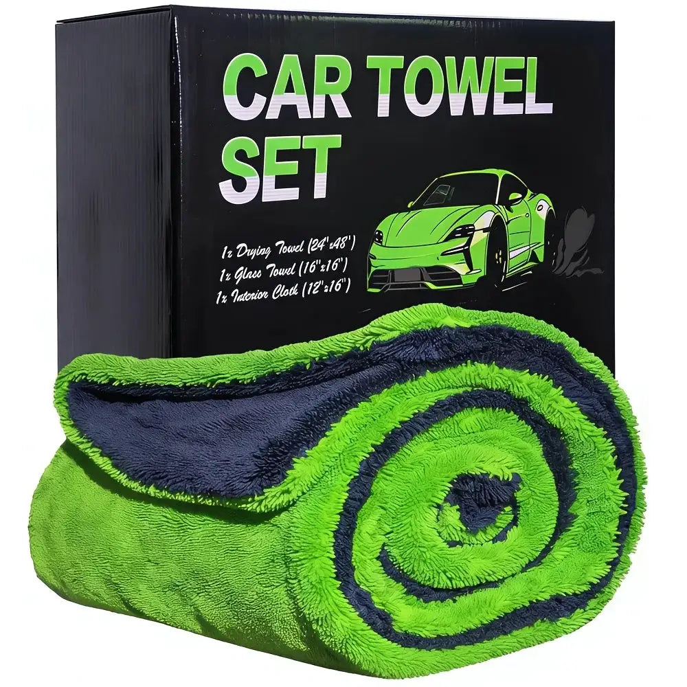 Simples Market Car Drying Towel Set, green double-sided microfiber towels for scratch-free car detailing