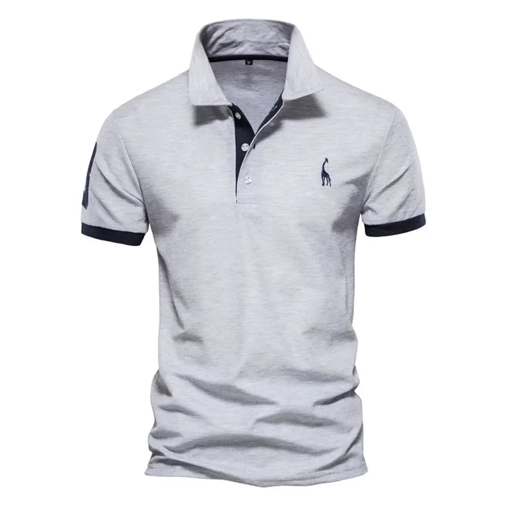 Men's polo shirt in gray with navy trim and giraffe embroidery on chest.