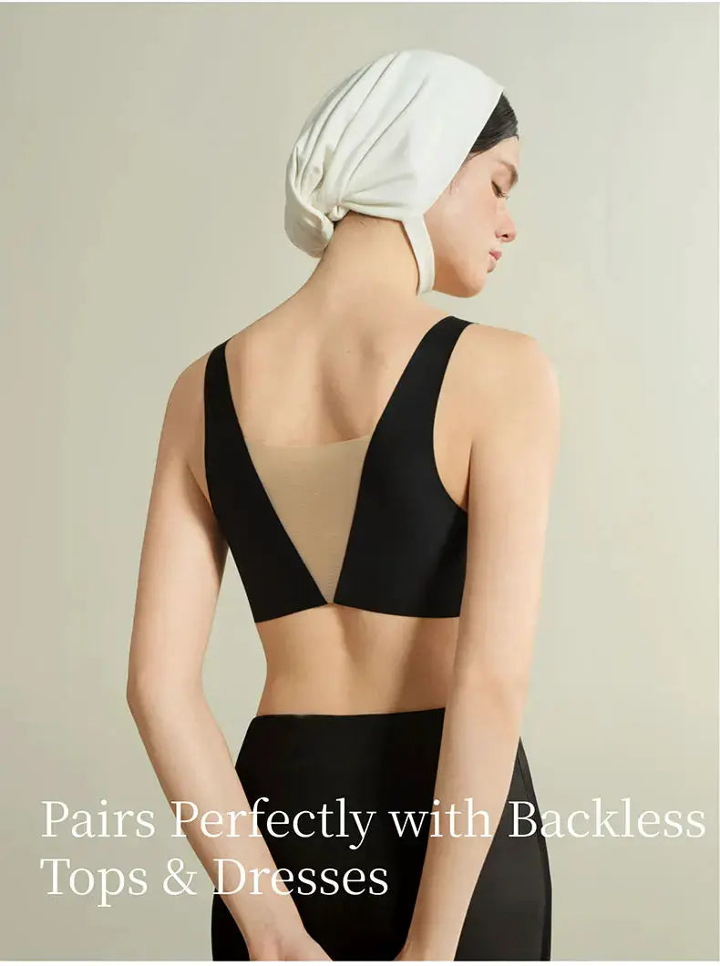 SUJIIN seamless plunge push-up bra by Simples Market, black wireless design with nude mesh back panel.