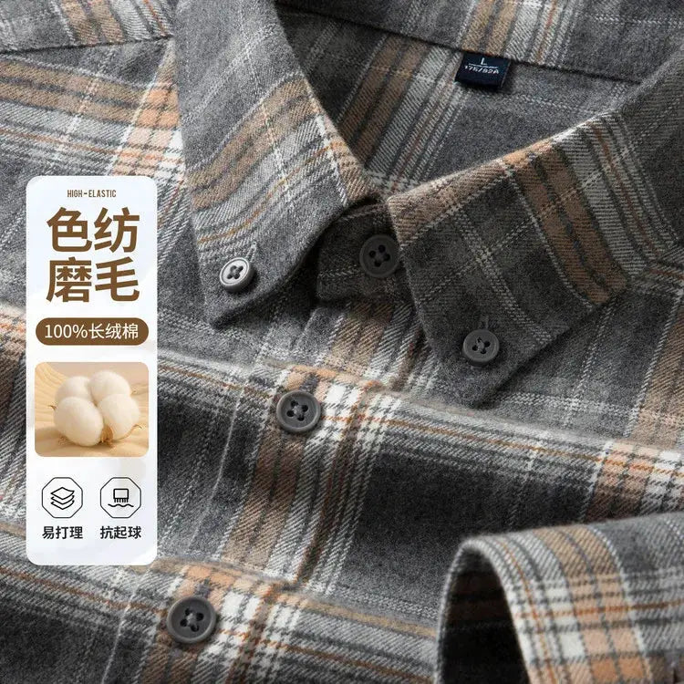 Men's flannel shirt by Simples Market, gray-brown plaid, 100% cotton.