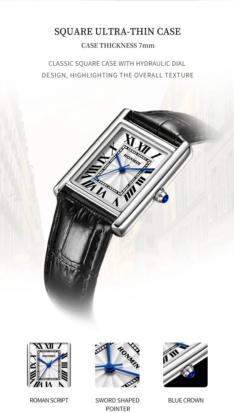 Square wristwatch with black leather strap, silver case, Roman numeral dial and blue hands, HONMIN branding on dial.