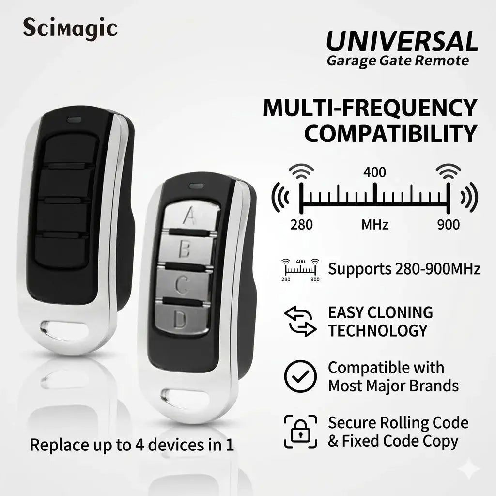 Simples Market universal garage door remote with multi-frequency support, replaces up to 4 devices in 1, 2 remotes shown