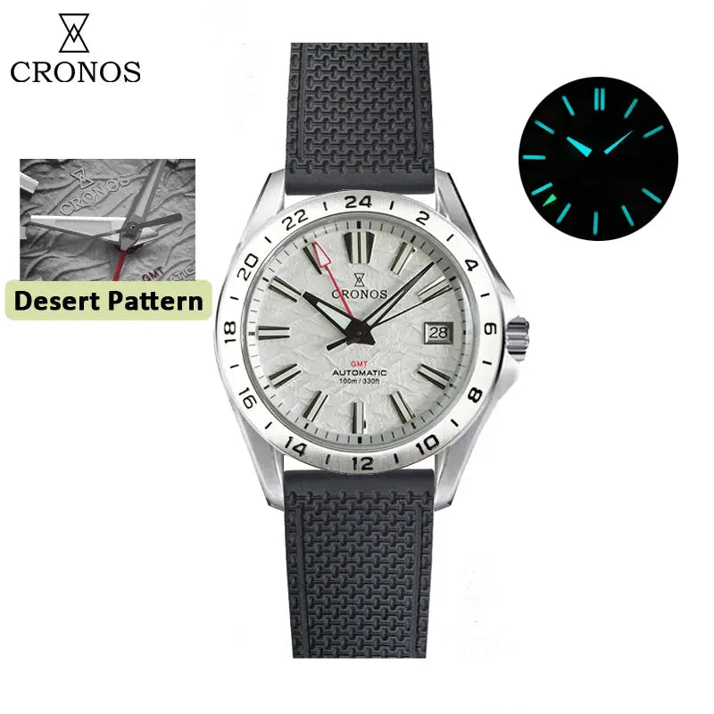 Cronos GS mechanical men's watch 39mm birch-pattern dial with GMT red hand, automatic, sapphire crystal, textured black strap