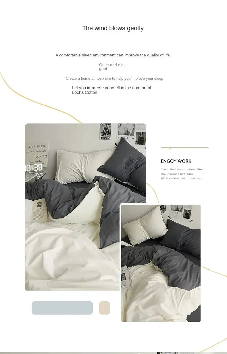 Simples Market solid-color double-washed cotton 4-piece duvet bedding set in gray and white
