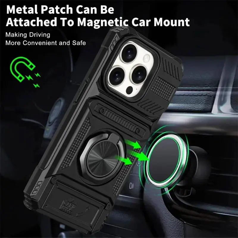 ShieldTech Pro Wallet Case For iPhone 7 To 16 Pro Max Magnetic Ring Kickstand And Card Slots Heavy Duty Drop Guard