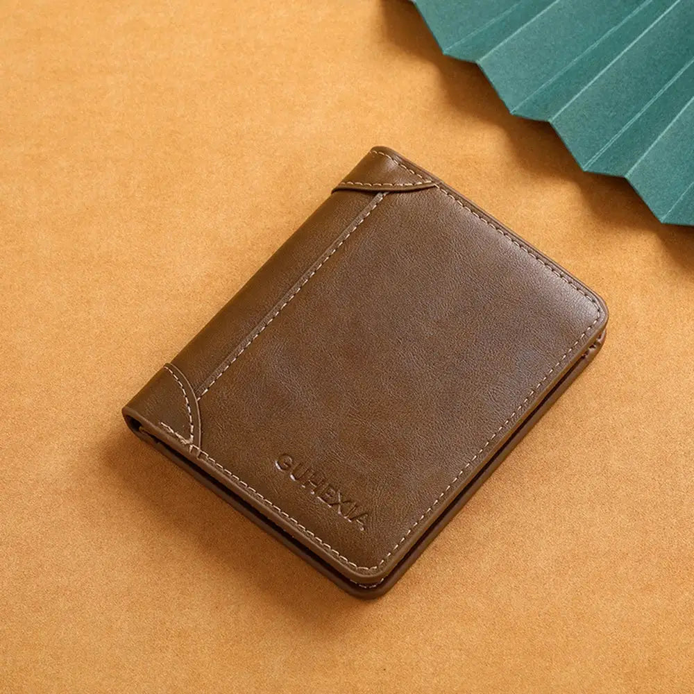 PU leather RFID wallet for men by Simples Market, slim brown cardholder with minimalist design