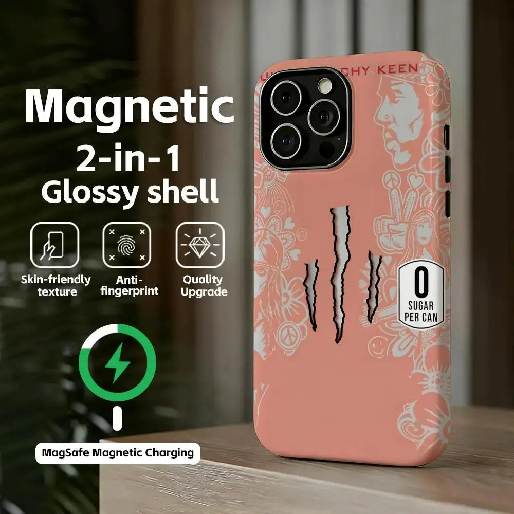 M-MonsterES phone case; magnetic 2-in-1 glossy pink shell with energy-drink artwork for iPhone models