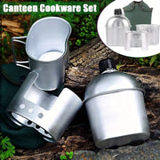 4-piece military canteen cookware set in aluminum alloy with grab-handled cup and green canvas bag