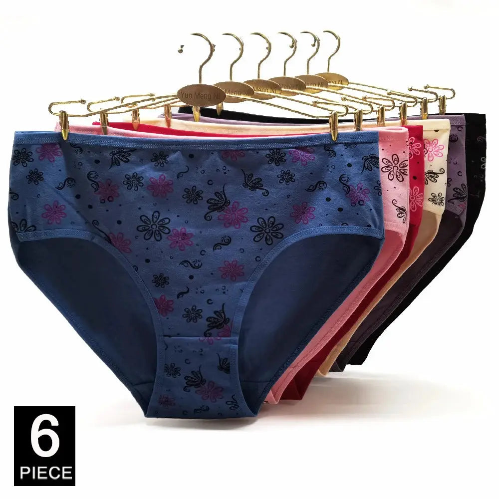 Women's cotton briefs 6-piece set in assorted colors with floral print, mid-rise underwear