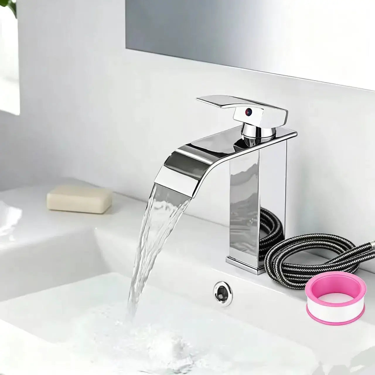 Waterfall basin faucet, chrome stainless steel with hot/cold lever for modern bathroom sink