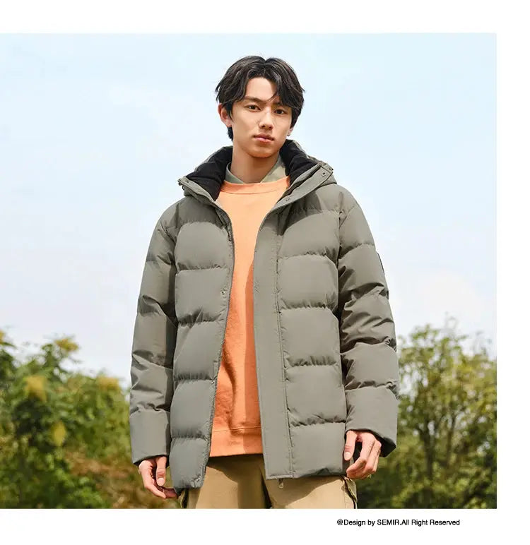 Semir men's gray hooded down puffer jacket, mid-length, thick winter coat.