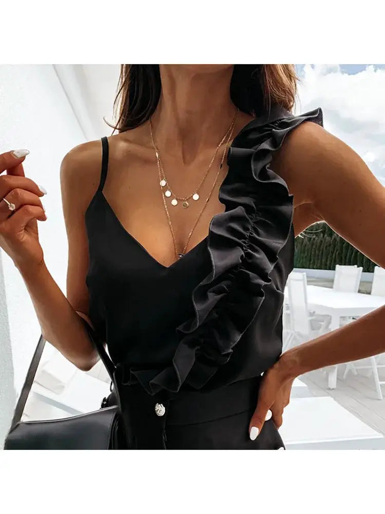 Simples Market black V-neck sleeveless blouse with a bold one-shoulder ruffle