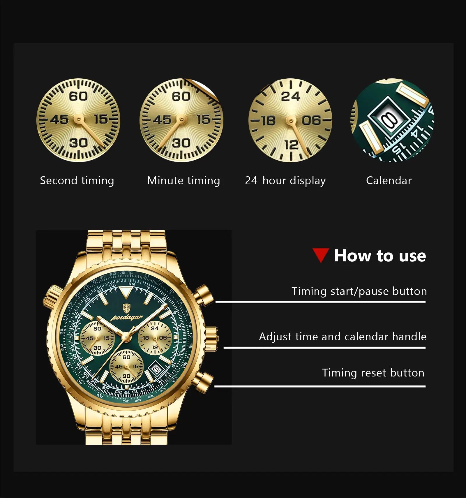 POEDAGAR men's gold-tone stainless steel chronograph watch with green dial and tachymeter bezel