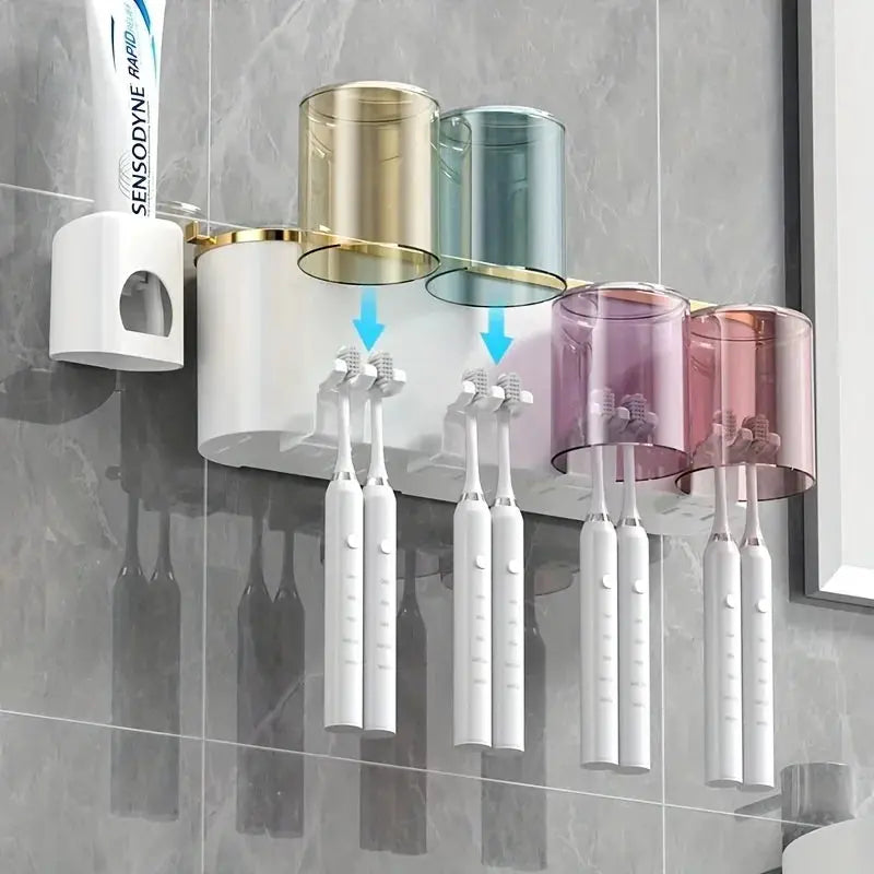 BrightNest Toothbrush Holder With Squeezer And Mouthwash Cup Adhesive Mount Perforation Free Design For Home Organizing