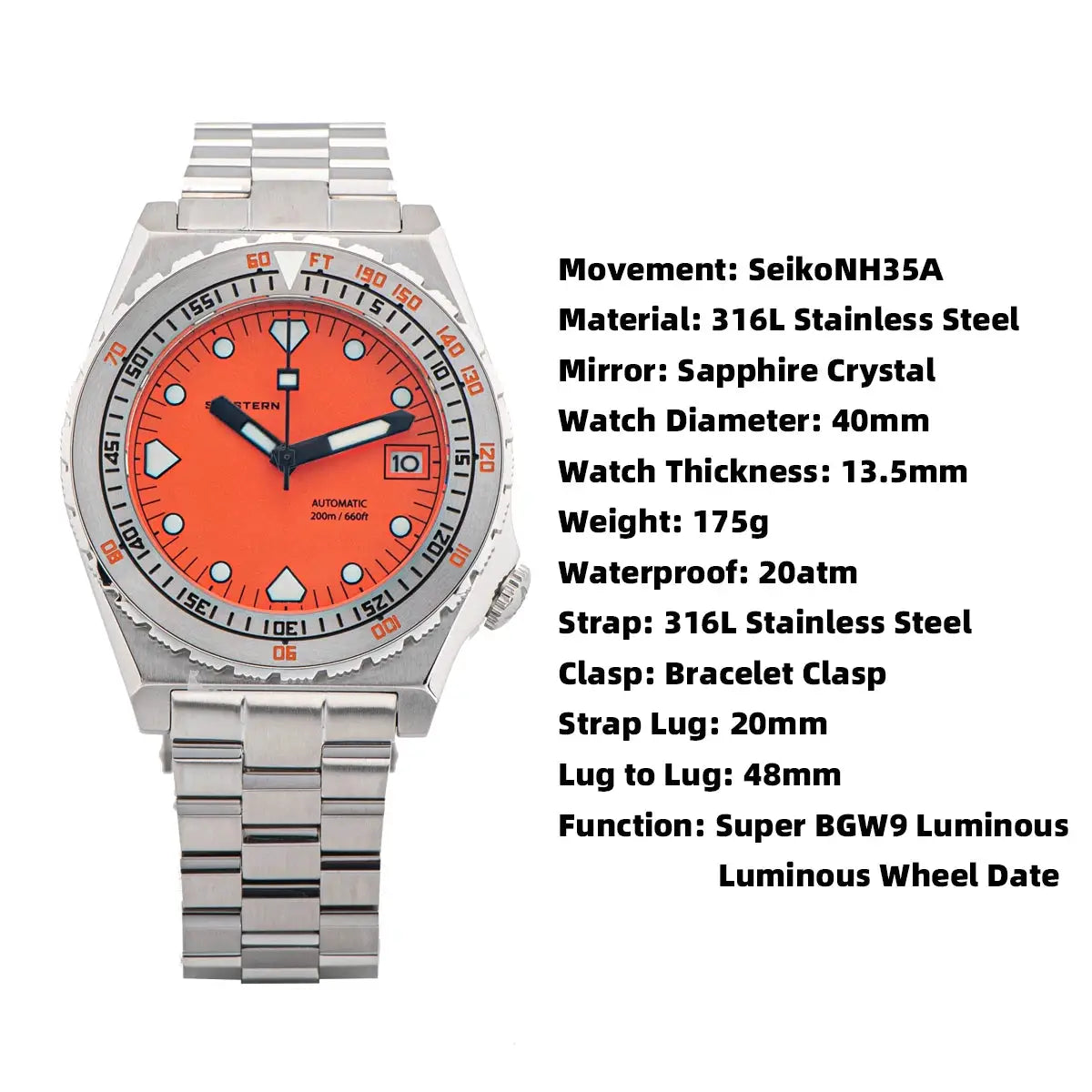 Seestern Sub600T V3 men's stainless steel diving watch with orange dial