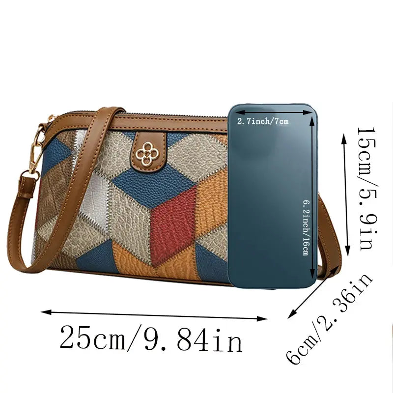 Simples Market patchwork crossbody bag, unisex compact size with brown leather trim and neutral color palette