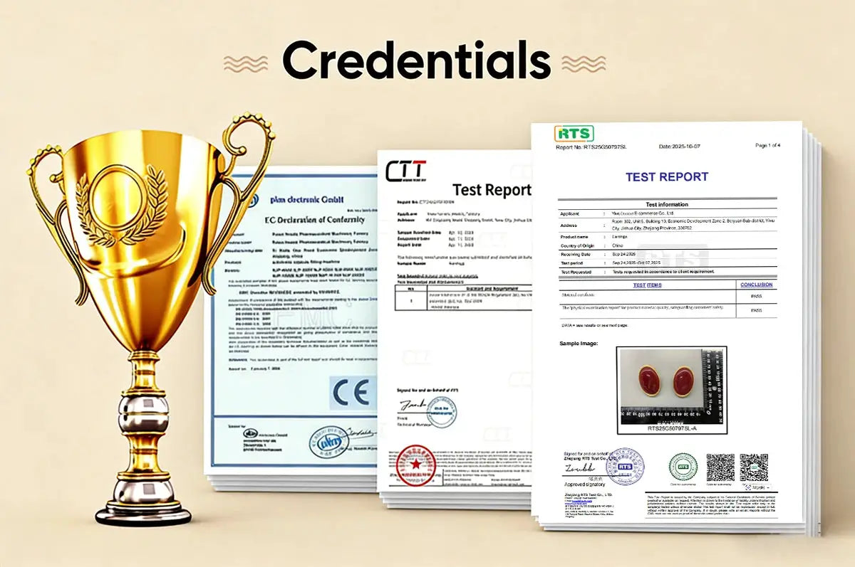 Credentials backdrop with a gold trophy and stacked test reports on a beige background