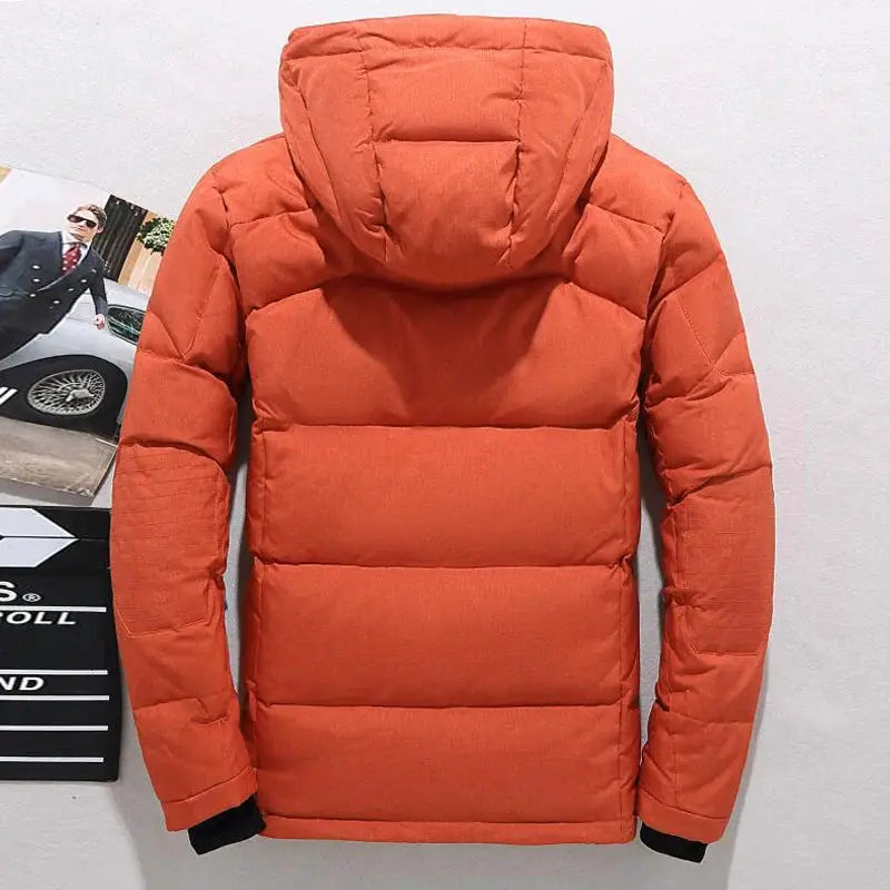 Men's hooded orange down jacket by Simples Market, oversized puffer coat.