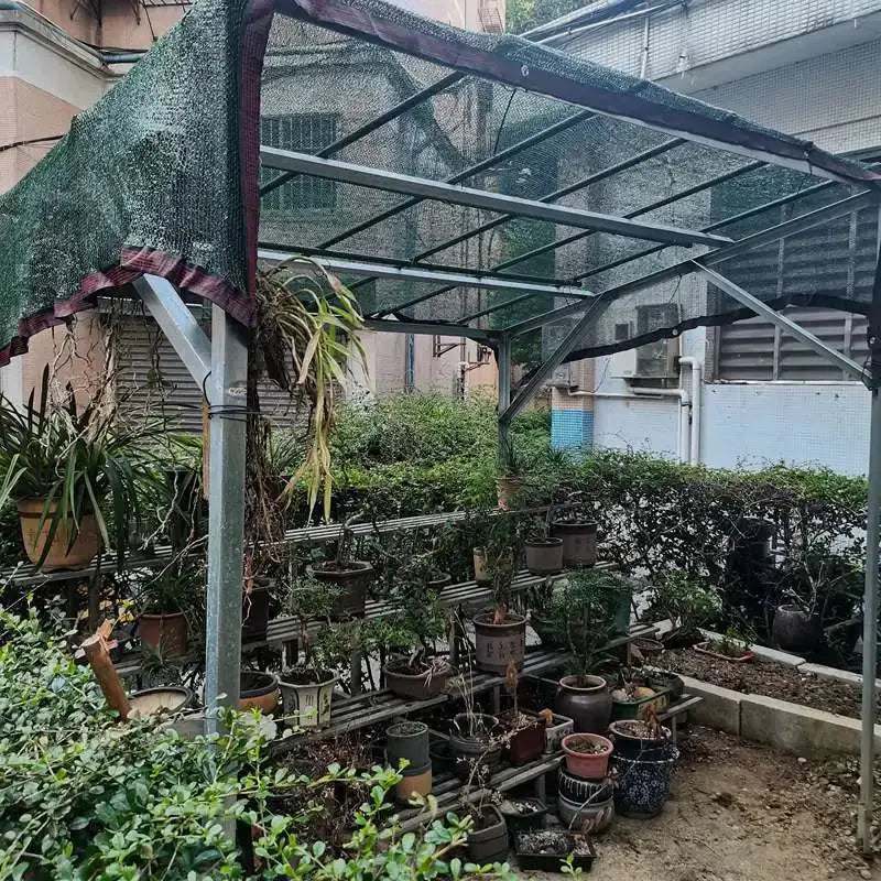 HDPE sun shade net canopy in dark green over a metal garden frame with potted bonsai and succulents.