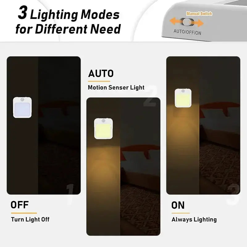 Night light with motion sensor LED, EU/US plug; 3-pack with auto/off/on modes