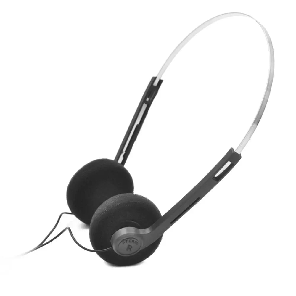 On-ear wired stereo headphones with black foam cushions, clear headband, adjustable frame and 3.5mm plug, retro style