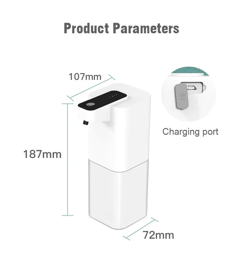 Automatic touchless liquid soap dispenser by Simples Market, white plastic, infrared sensor, USB charging.