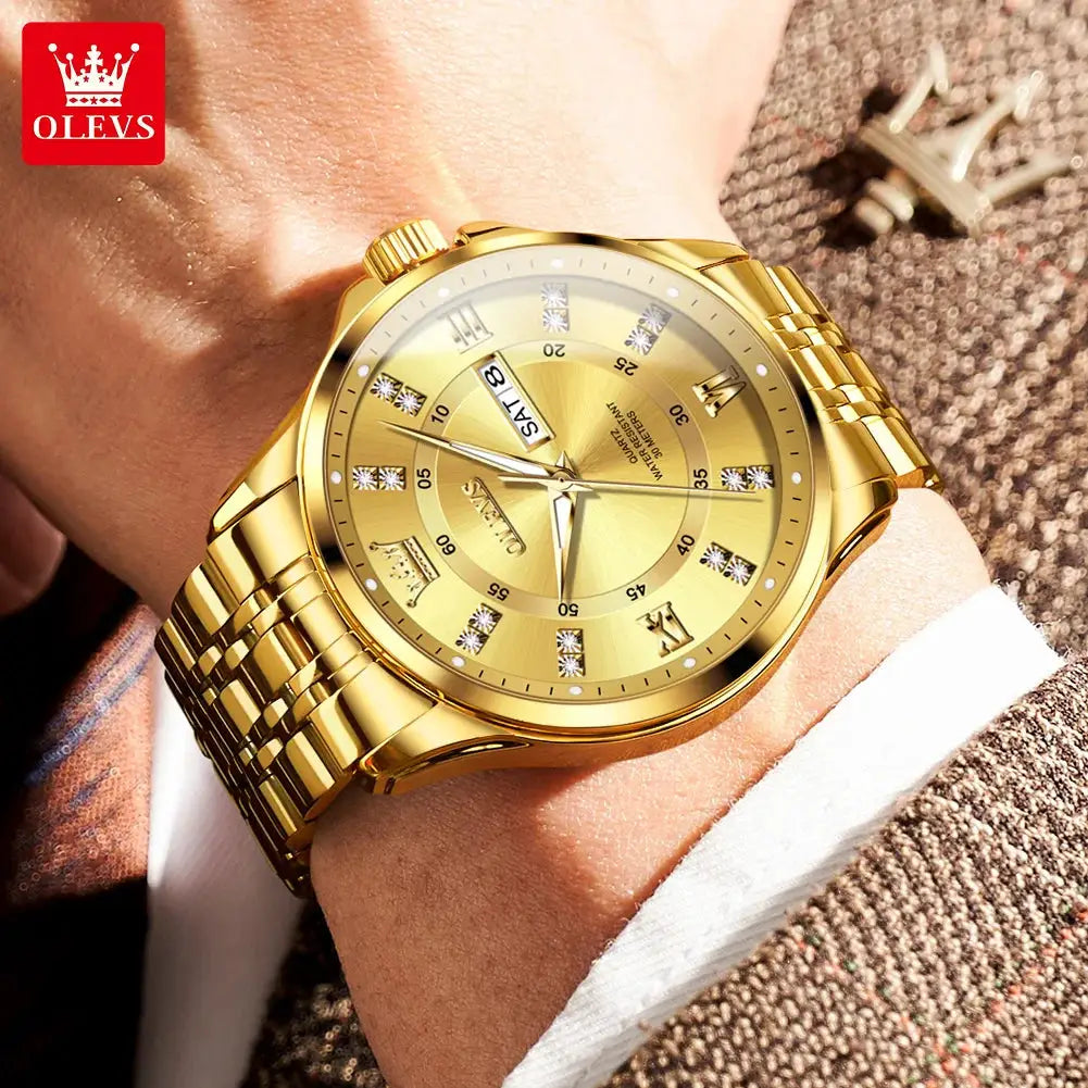 OLEVS gold luxury men's quartz watch with stainless steel bracelet and calendar date display