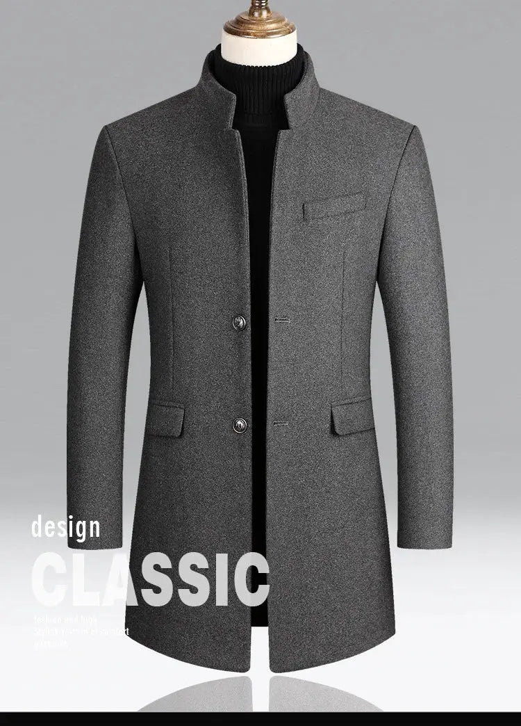 Men's gray wool coat by Simples Market with stand-up collar, single-breasted, classic business style