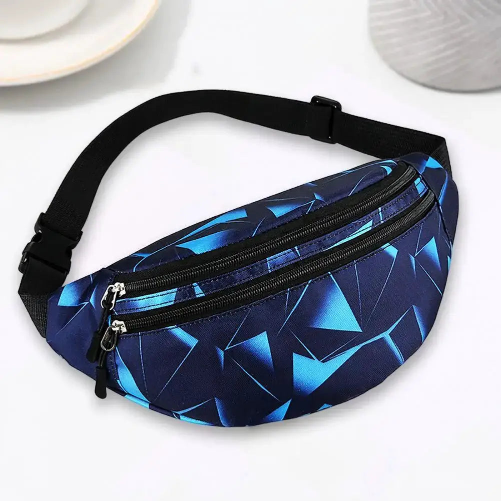 Simples Market waterproof blue geometric waist pack with two zipper pockets and adjustable strap