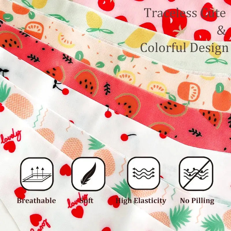 3-piece ultra-thin women's underwear set with colorful fruit-print seamless design, breathable and stretchy