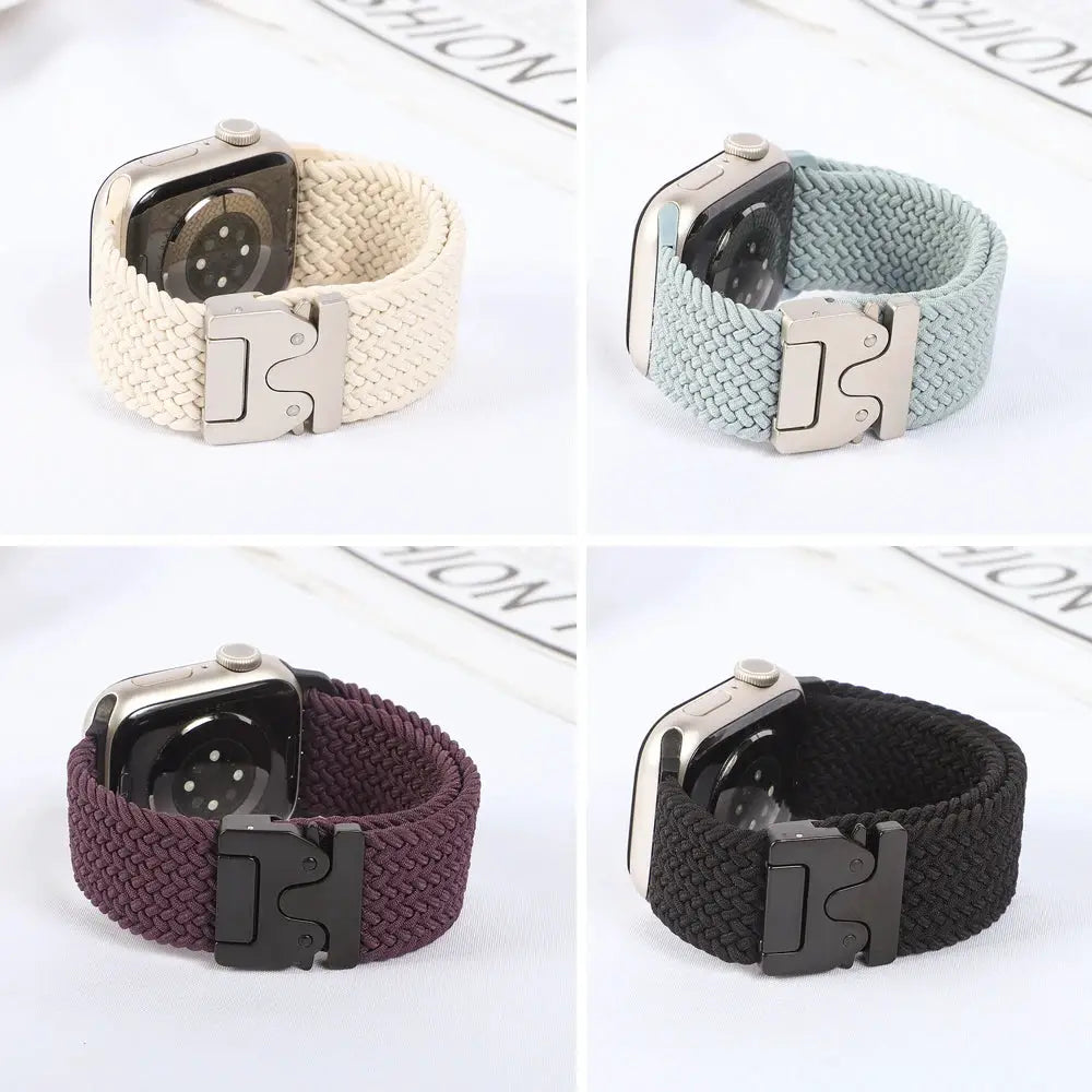 Parachute braided Apple Watch bands in beige, light blue, burgundy, and black for 41–49mm cases (4).