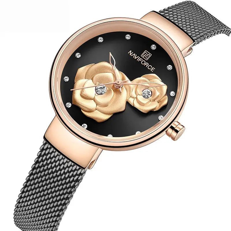 Naviforce women's watch with rose-gold stainless steel mesh band, black dial, gold flower accents and crystal markers.