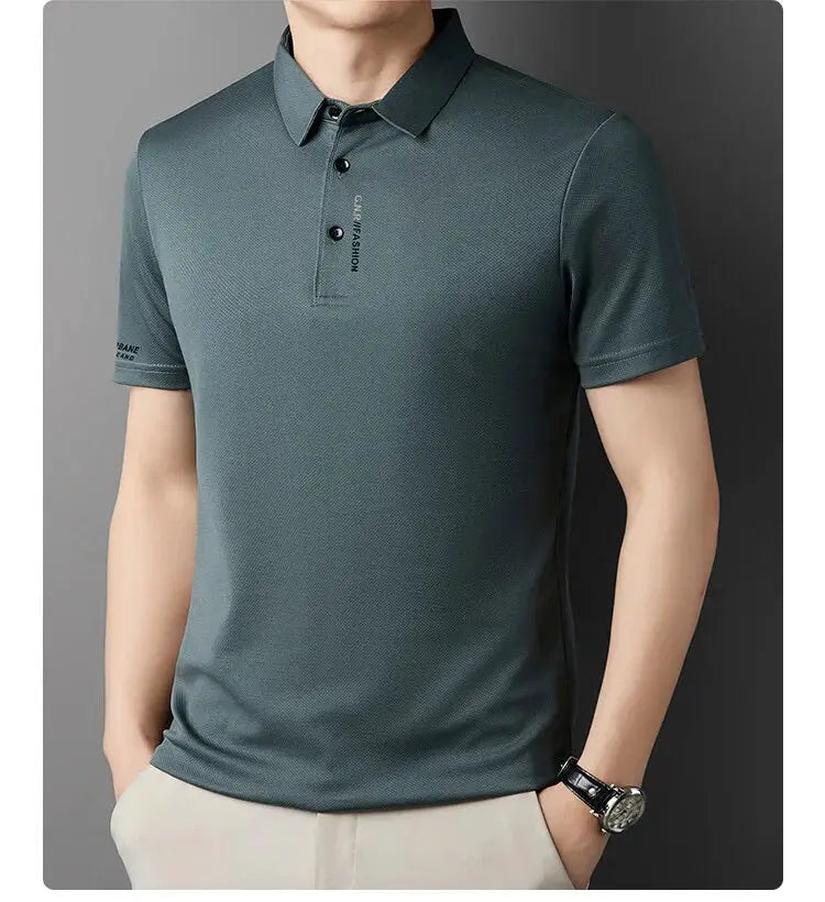 Men's teal polo shirt with short sleeves, collar, and 3-button placket.